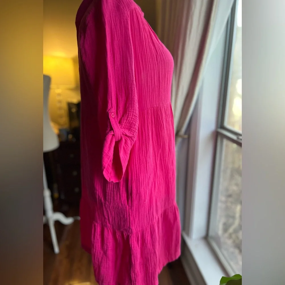 Chico's Vibrant Pink Midi Dress Size 2 Large Barbiecore Spring Loose Fit Pockets - Picture 10 of 10